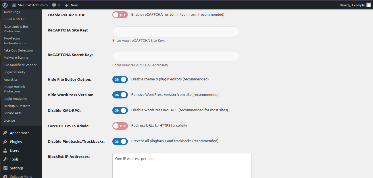 Shield WP Admin Pro Dashboard Overview