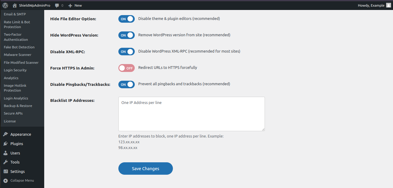 Shield WP Admin Pro Dashboard Overview