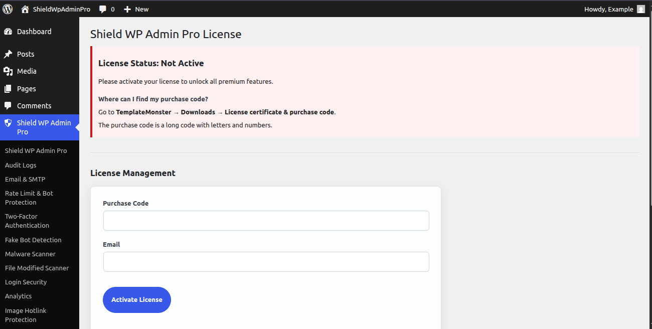 Shield WP Admin Pro License Activation