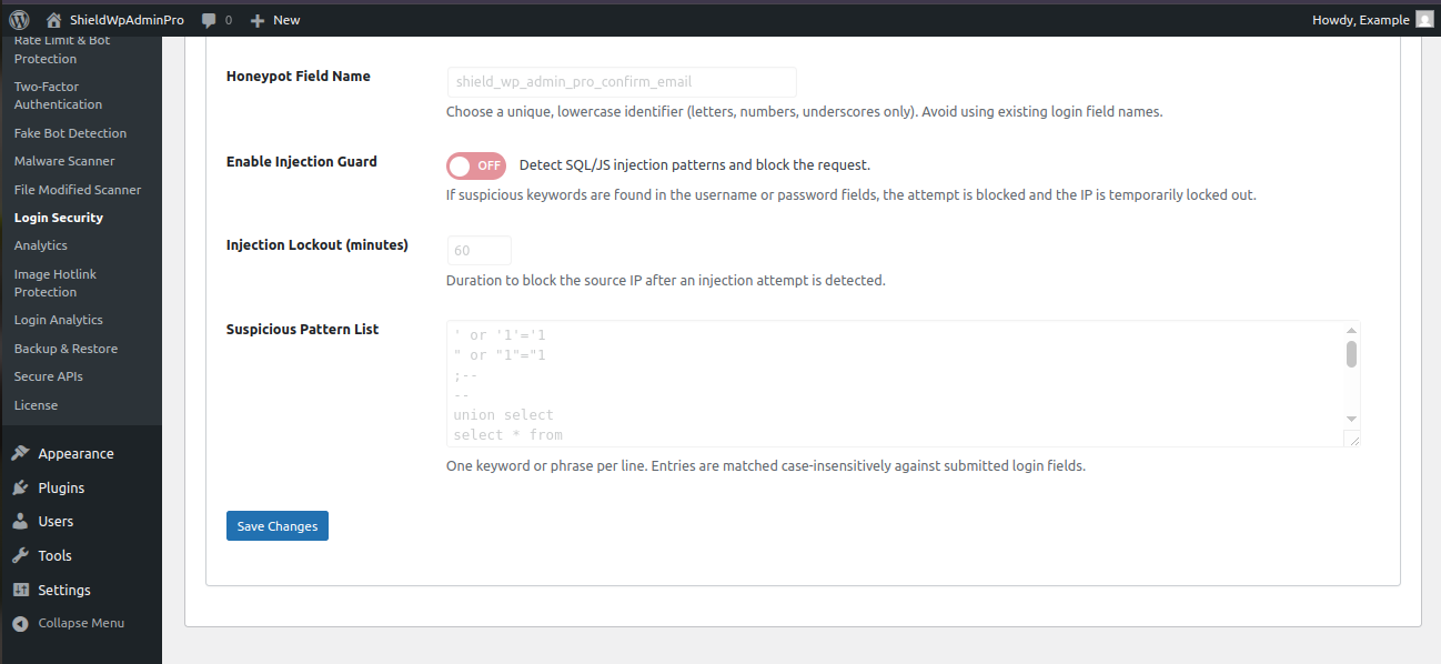 Shield WP Admin Pro Login Security Settings