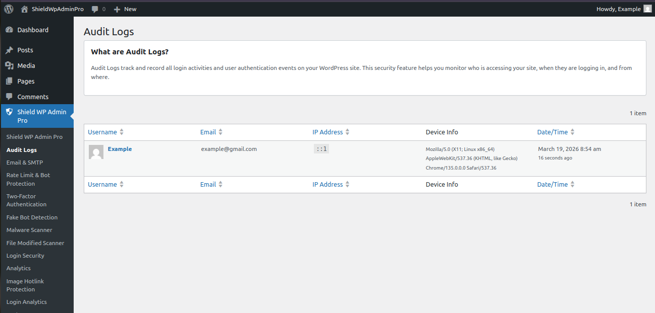 Shield WP Admin Pro audit logs