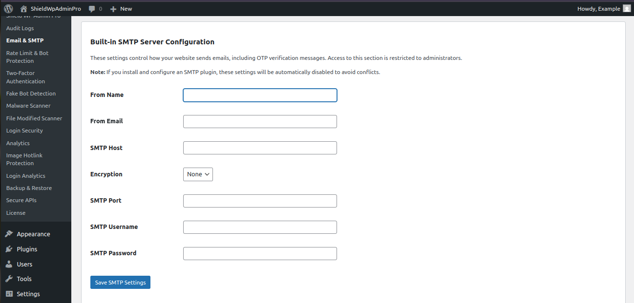 Shield WP Admin Pro email SMTP settings