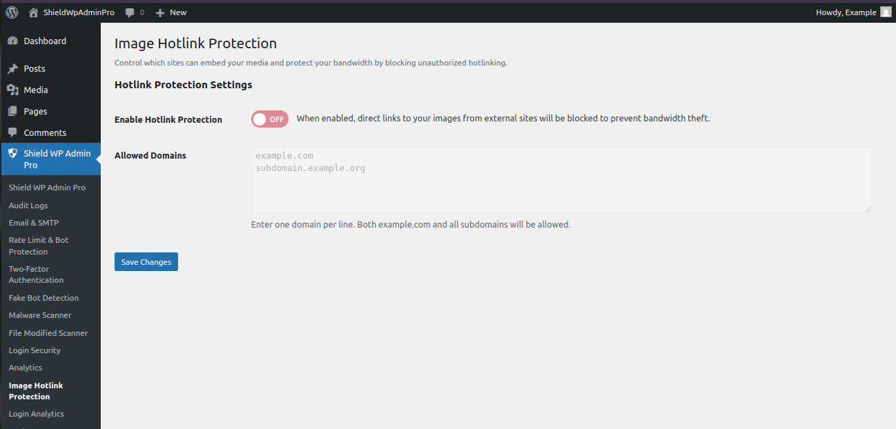 Shield WP Admin Pro hotlink protection