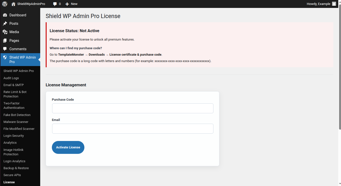 Shield WP Admin Pro license page