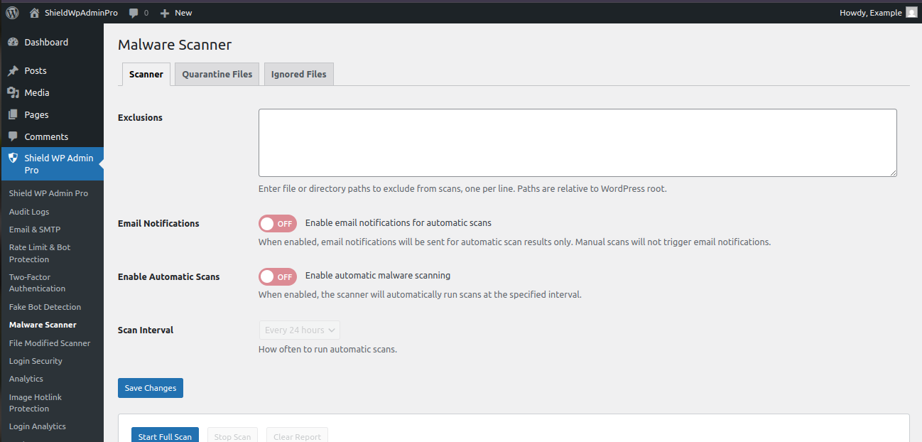 Shield WP Admin Pro malware scanner
