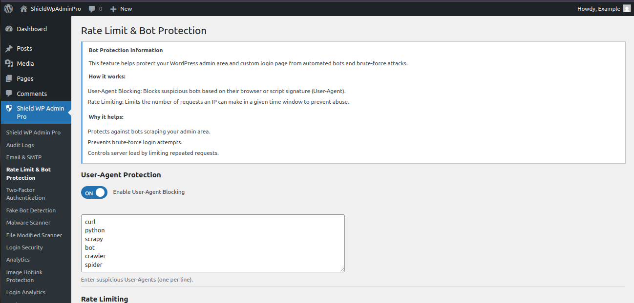 Shield WP Admin Pro rate limit and bot protection