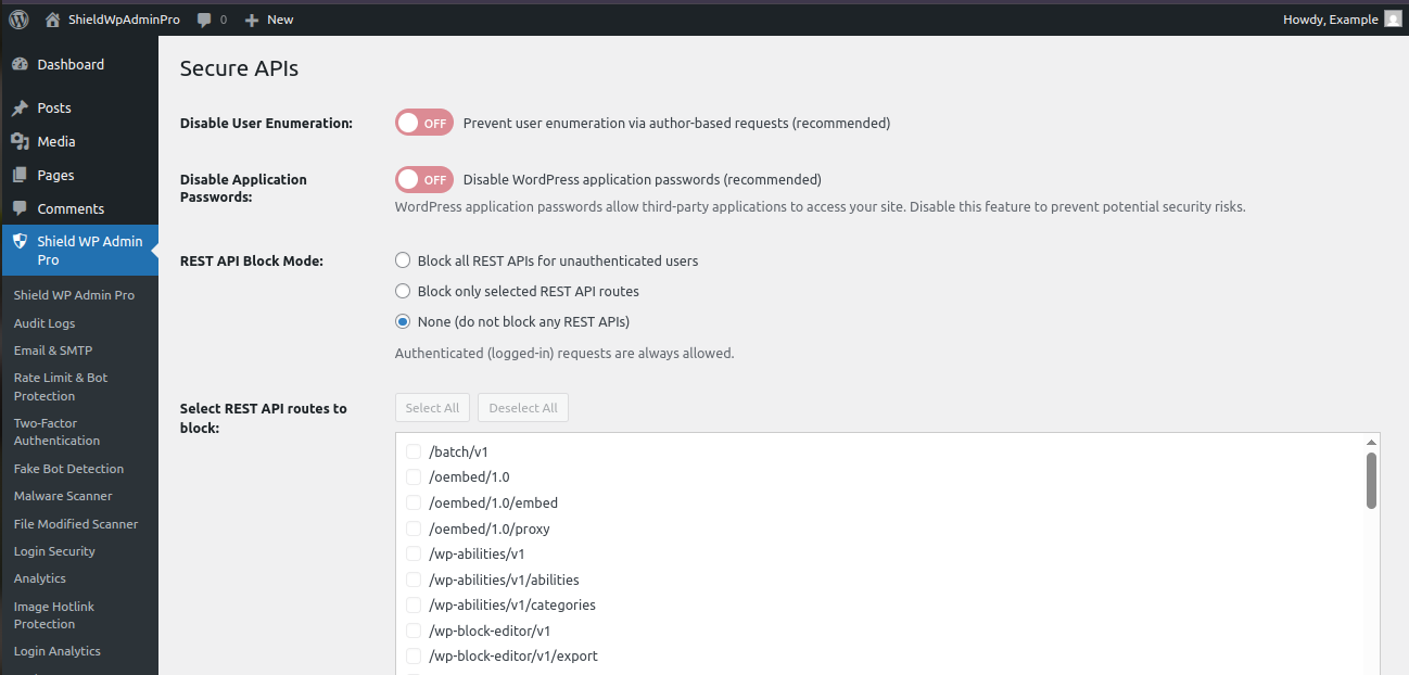 Shield WP Admin Pro secure API access