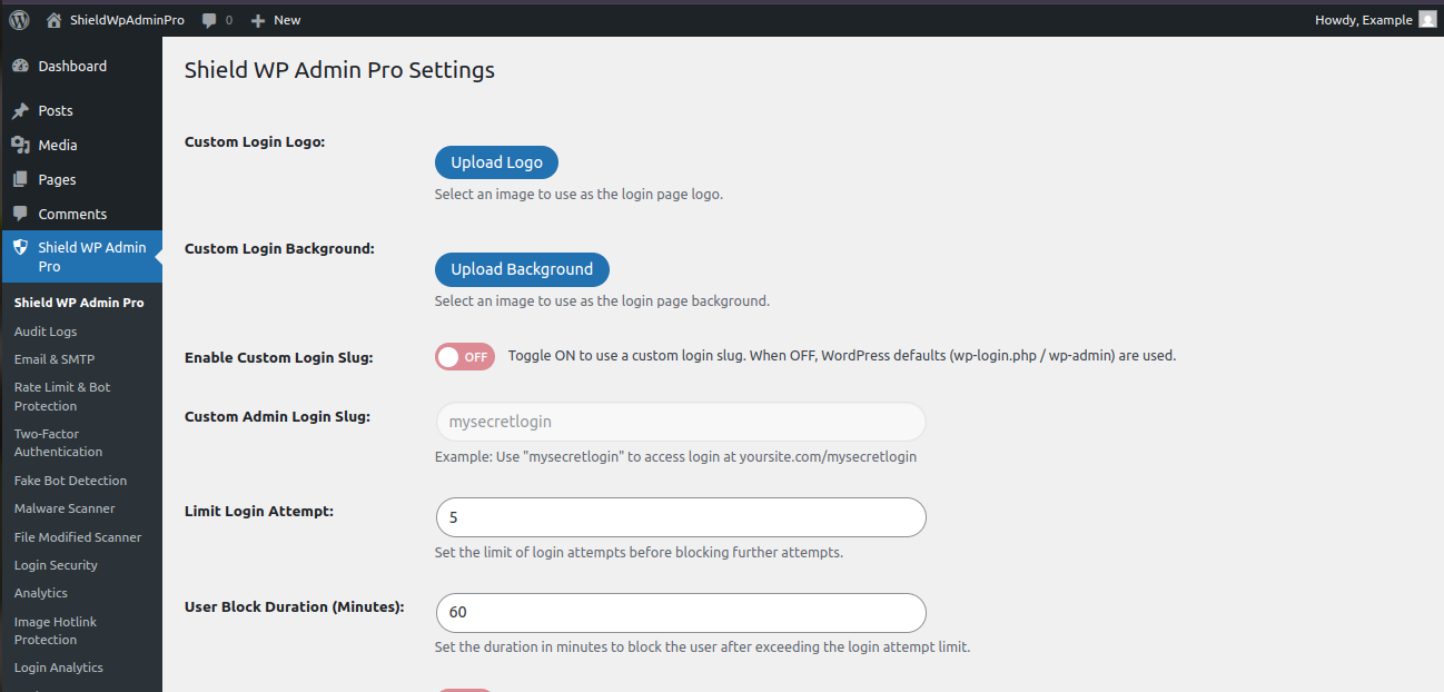 Shield WP Admin Pro dashboard